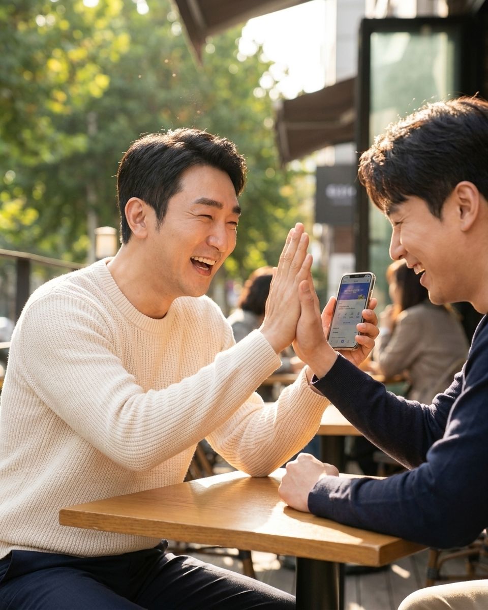 카페에서 휴대폰을 보는 모습