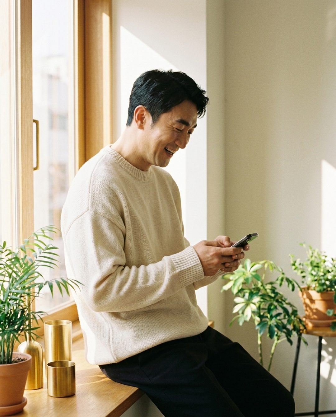 창가에서 휴대폰을 보며 웃는 광고모델 김경진