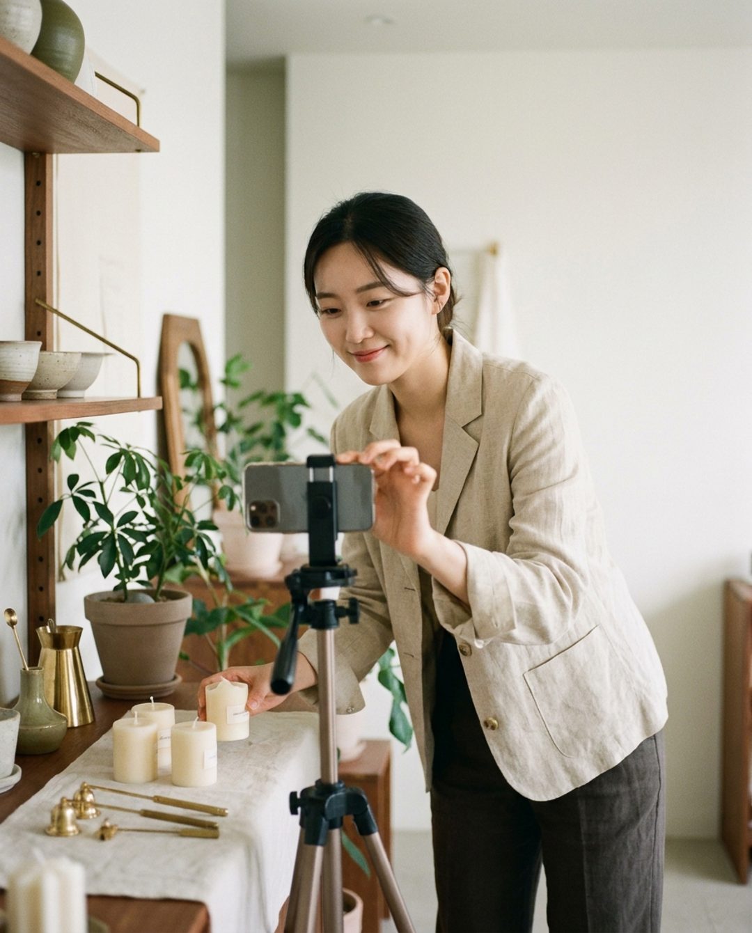 휴대폰으로 제품을 찍는 소상공인