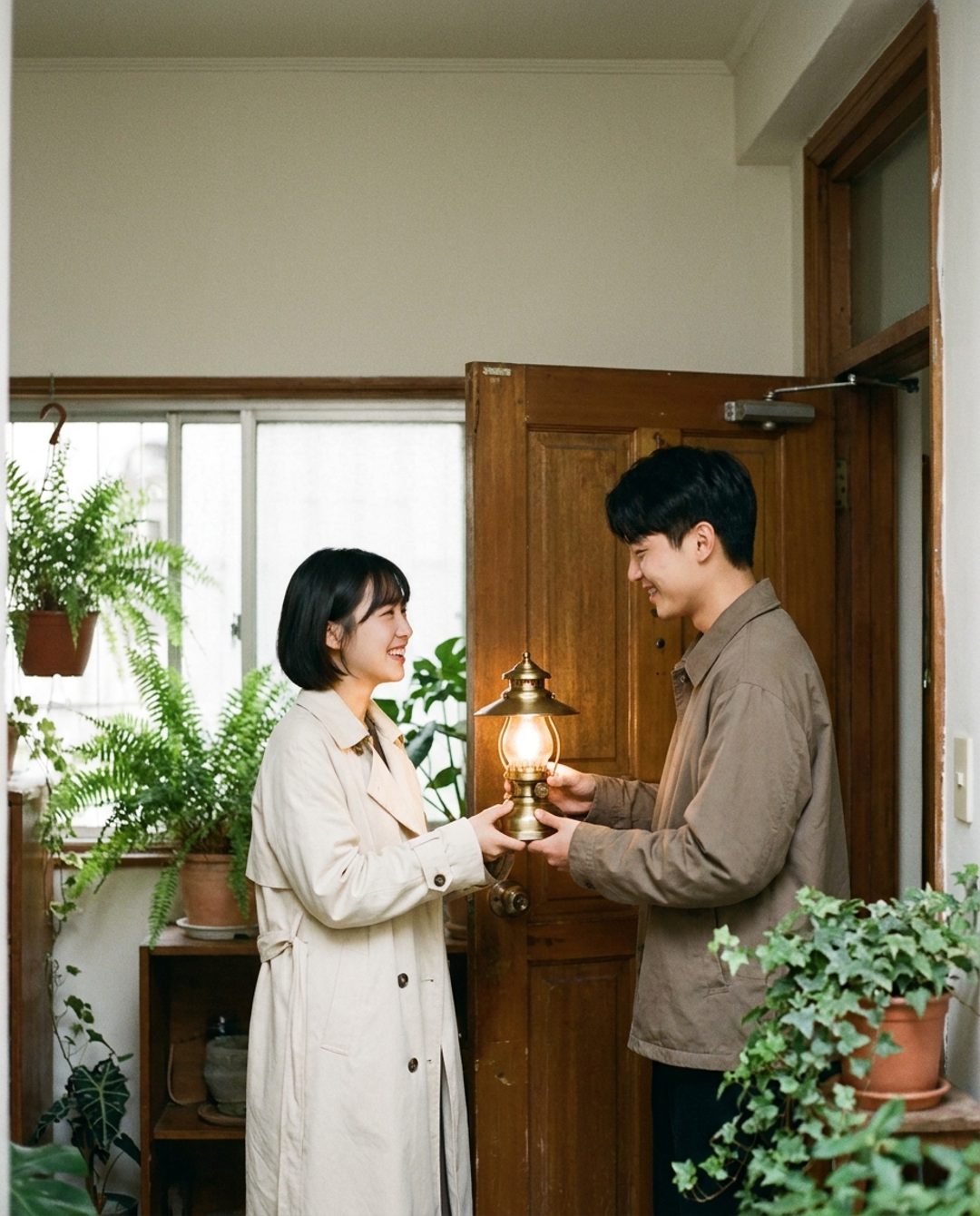 이웃과 빈티지 조명을 나누는 장면